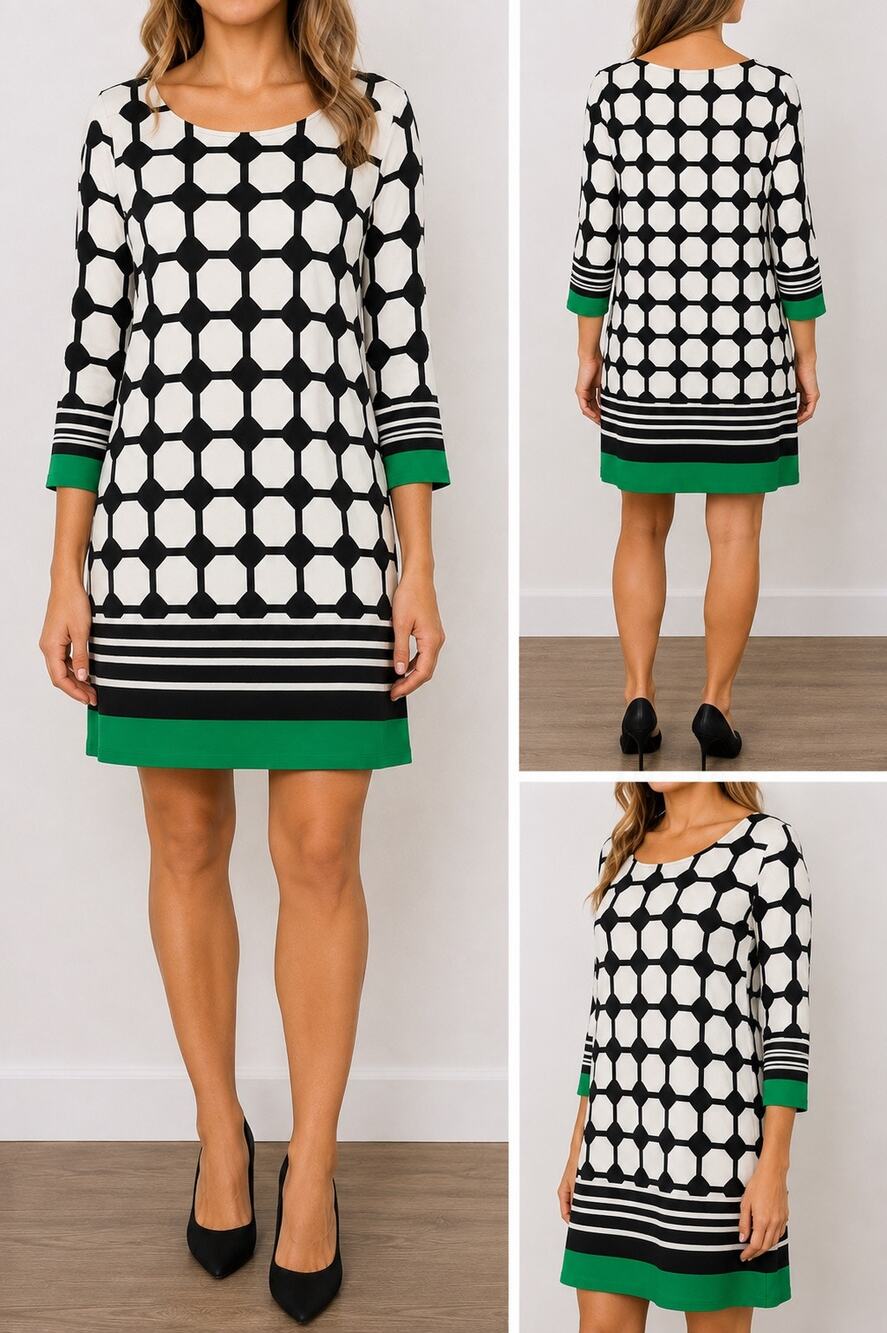 Haani Geometric Shift Dress Large Black White Green 3/4 Sleeve Mod Retro Stretch